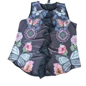 Desigual Black Floral & Butterfly Ruffle Front Camisole